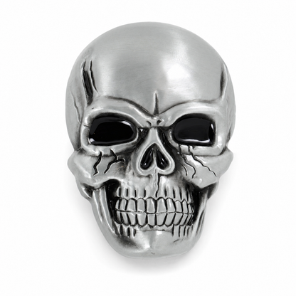 Silver skull-shaped BELT BUCKLE on a white background