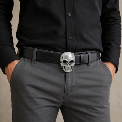 Man wearing a black shirt and gray pants with a skull belt buckle.