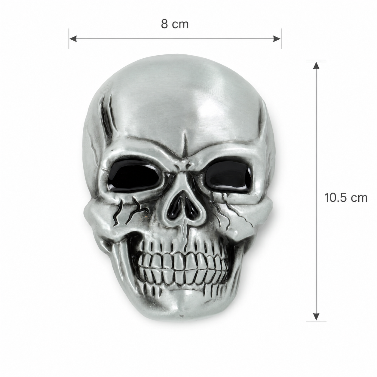 Silver skull-shaped belt buckle with dimensions indicated on a white background