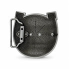 Rear of Belt Buckle with a gold cowboy boot and horseshoe on a black background