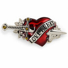 Red heart-shaped belt buckle with an arrow and 'LOVE HURTS' text on a white background