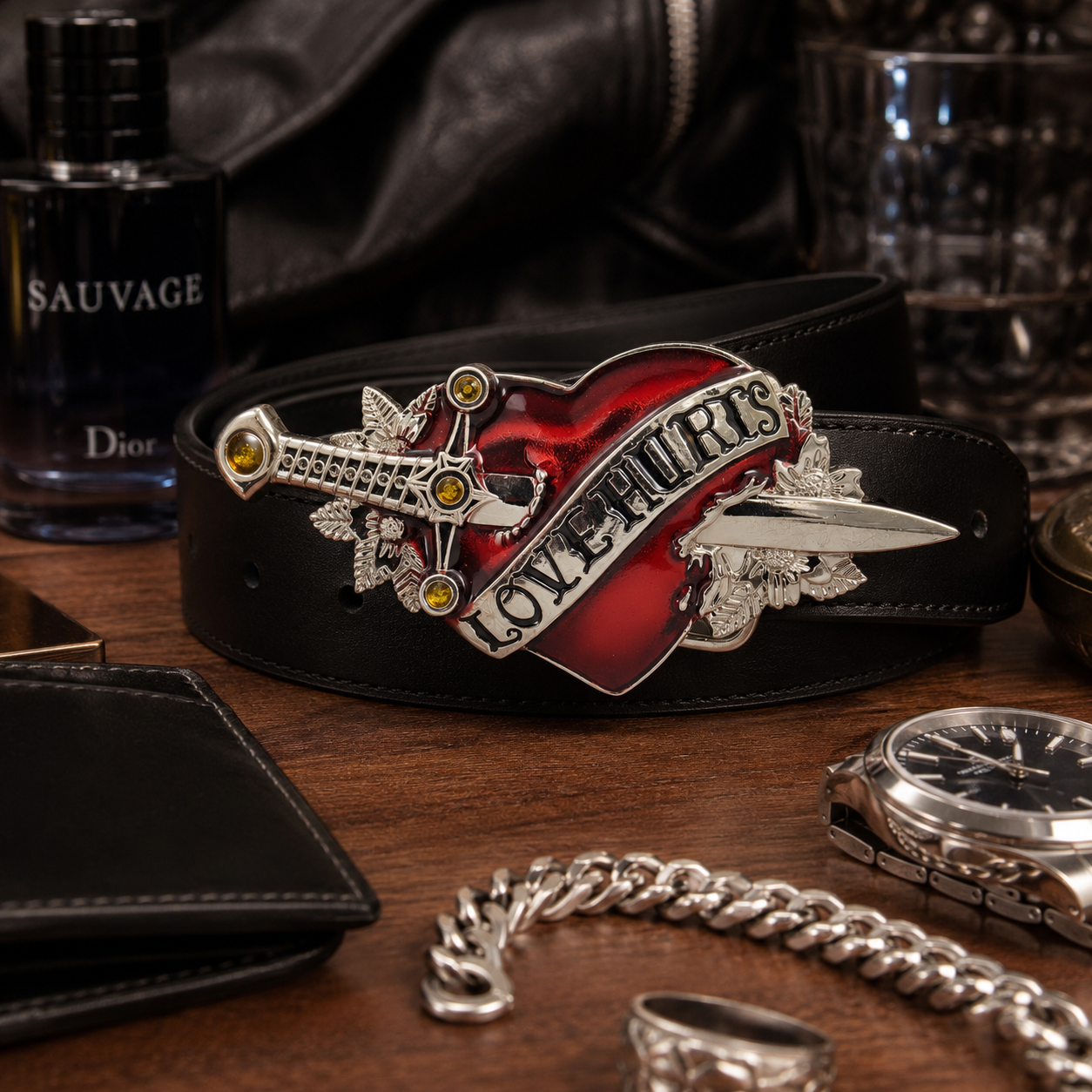 Belt buckle with 'LOVE HURTS' design on a wooden surface with accessories.