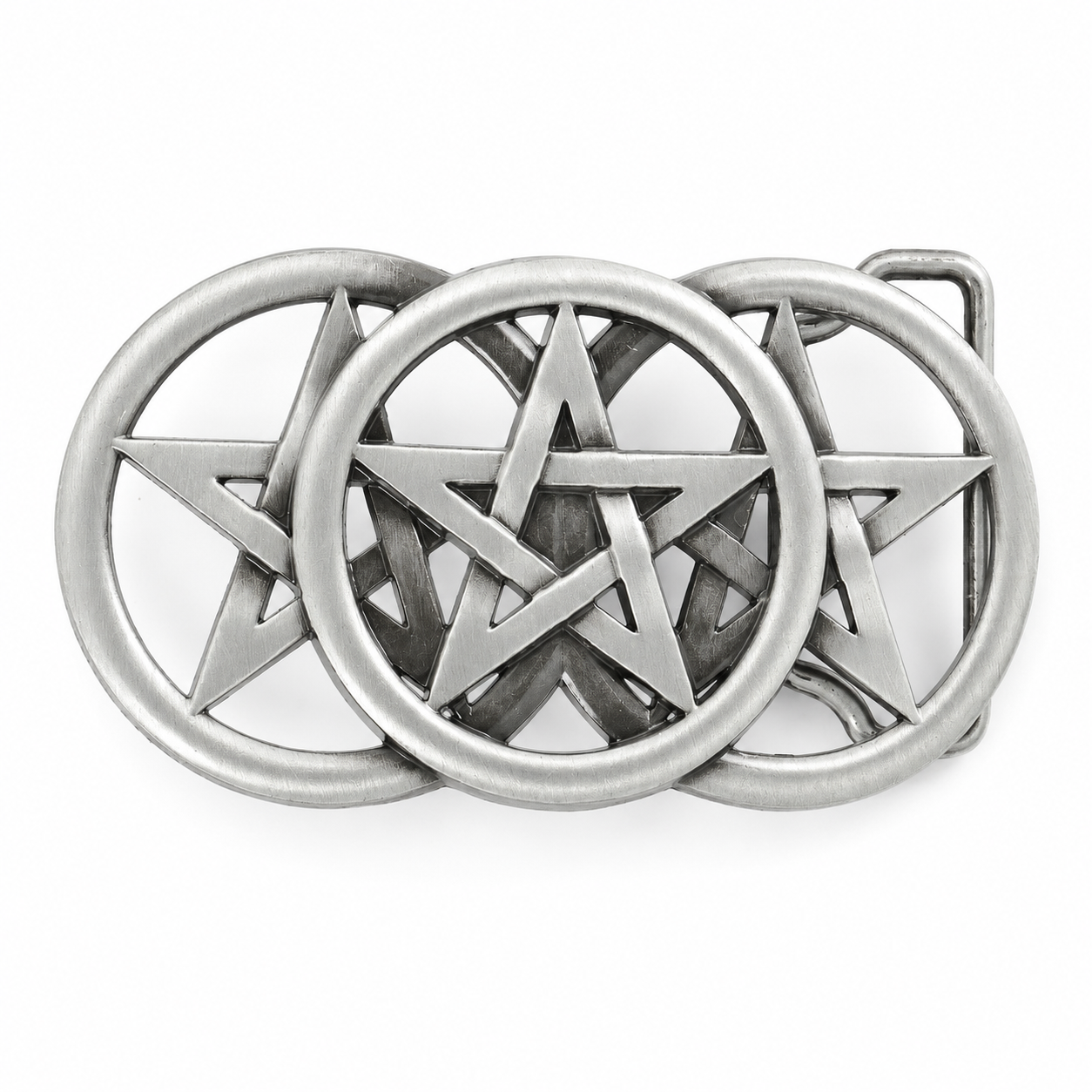 Three silver pentagram belt buckles with star design on a white background
