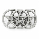 Three silver pentagram belt buckles with star design on a white background
