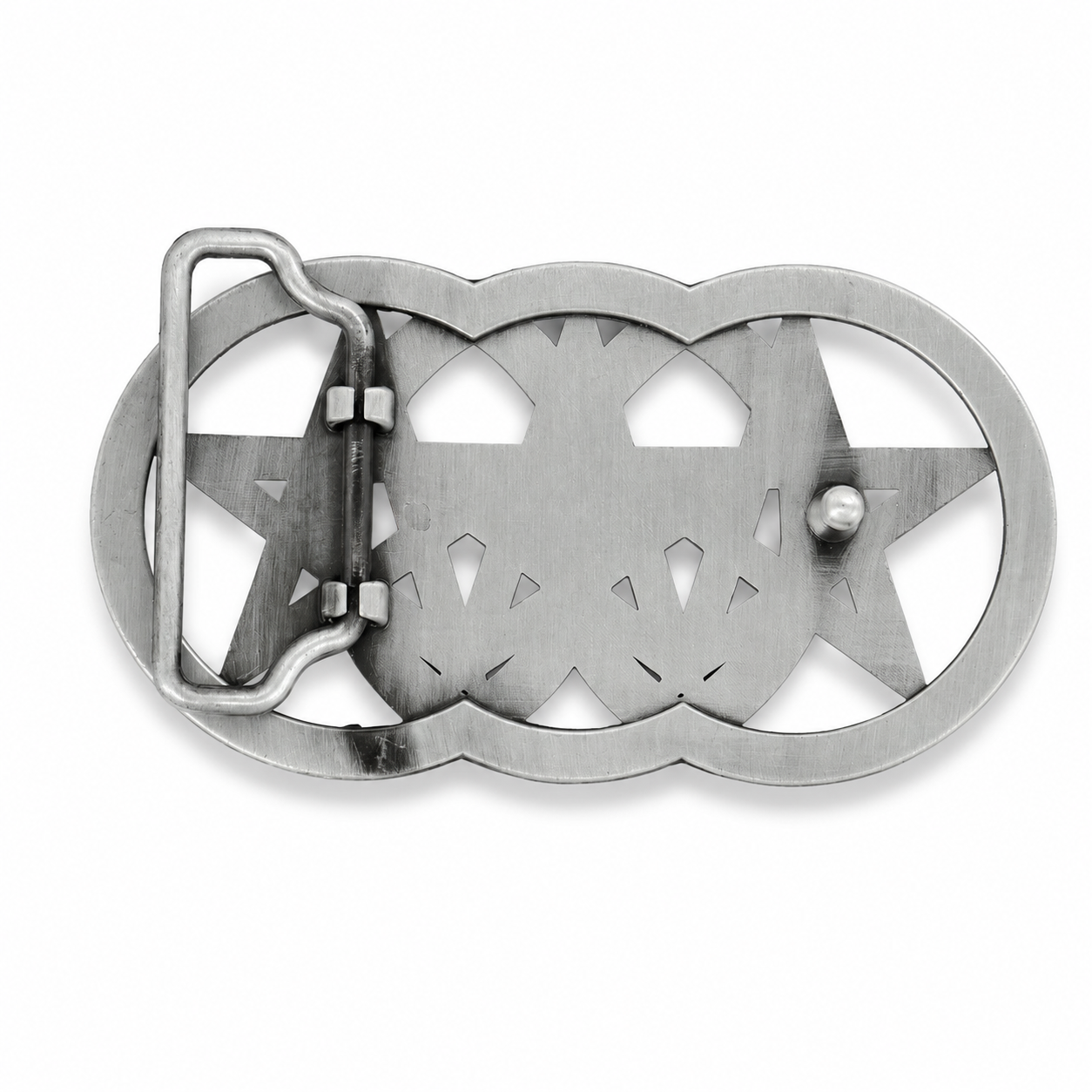 Metallic belt buckle with star design on a white background