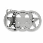 Metallic belt buckle with star design on a white background