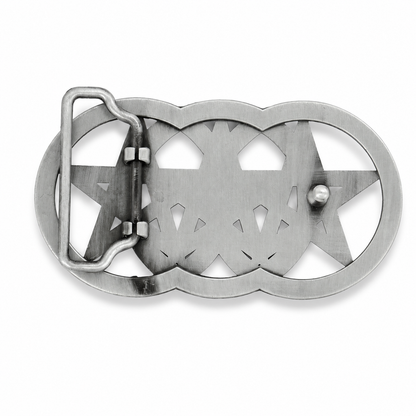 Metallic belt buckle with star design on a white background