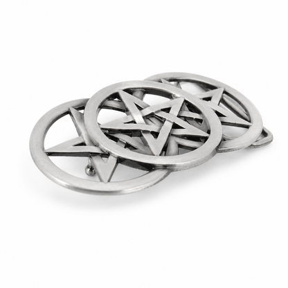 Metallic pentagram belt buckle design on a white background