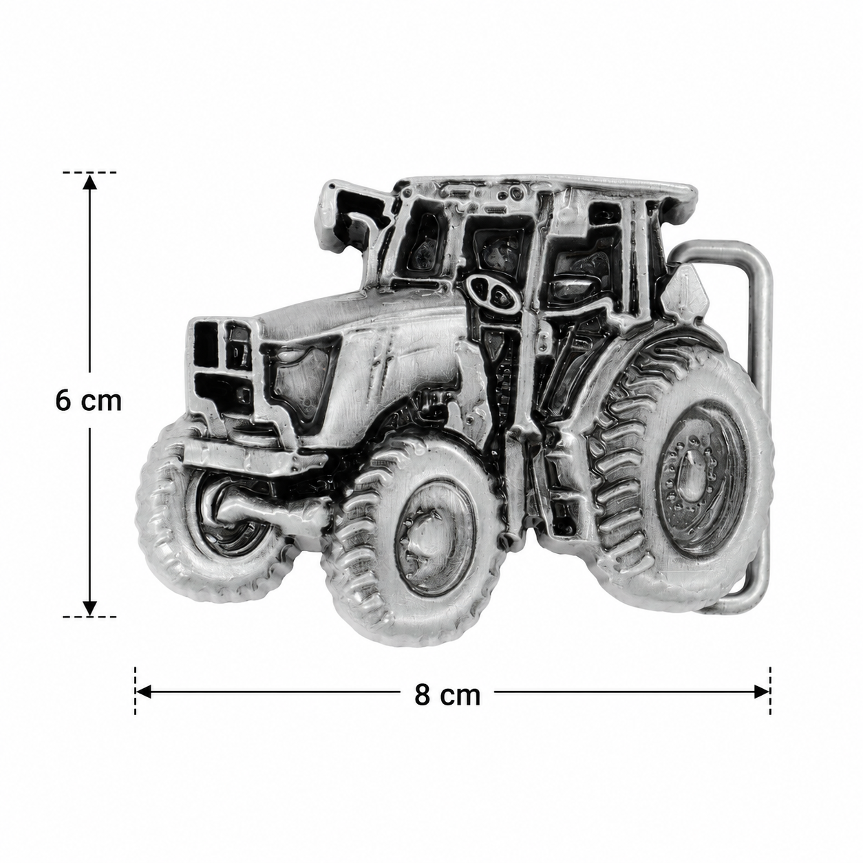 Tractor belt buckle with dimensions on a white background