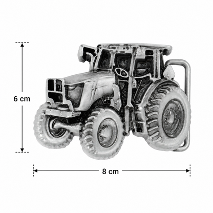 Tractor belt buckle with dimensions on a white background