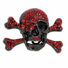 Black skull and crossbones with red gemstones on a white background