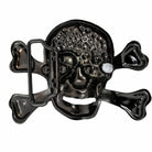 Rear of skull belt buckle and crossbones bottle opener on a white background