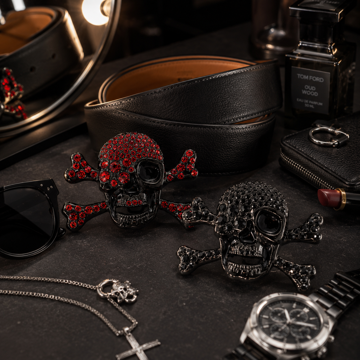 Black leather belt, skull belt buckles sunglasses, and watch on a dark surface