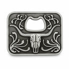 Silver bottle opener belt buckle with longhorn design on a white background