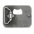 Rear of bottle opener Belt buckle with longhorn design and measurements on a white background