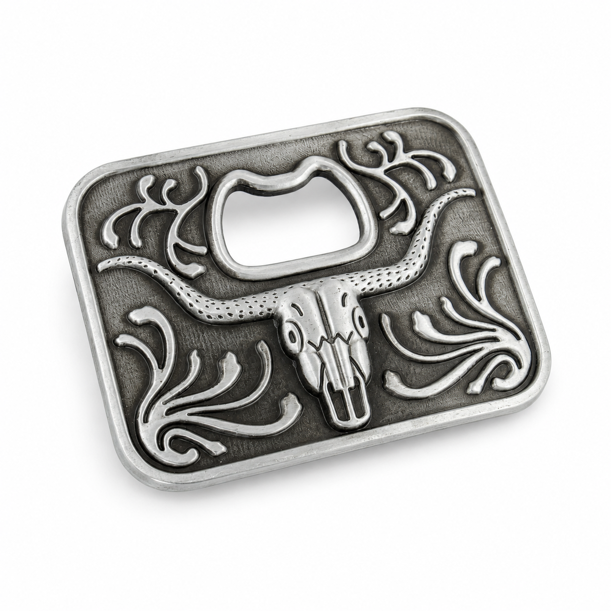 Silver belt buckle with longhorn design on a white background
