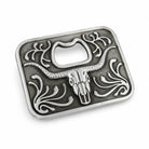 Silver belt buckle with longhorn design on a white background
