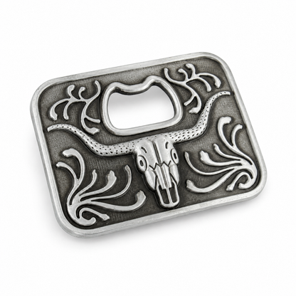 Silver belt buckle with longhorn design on a white background