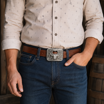 Man wearing a patterned shirt, jeans, and a belt with a bottle opener longhorn decorative buckle.
