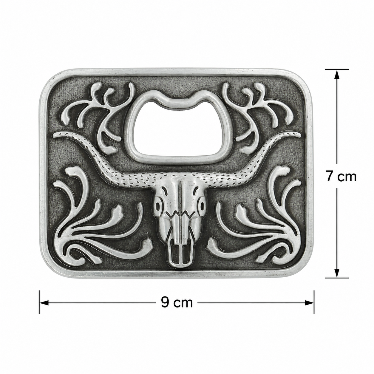 BOTTLE OPENER Belt buckle with longhorn design and measurements on a white background