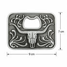 BOTTLE OPENER Belt buckle with longhorn design and measurements on a white background