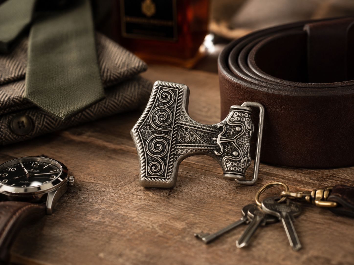 Anchor Belt buckle on a dressing table with belt and accessories.
