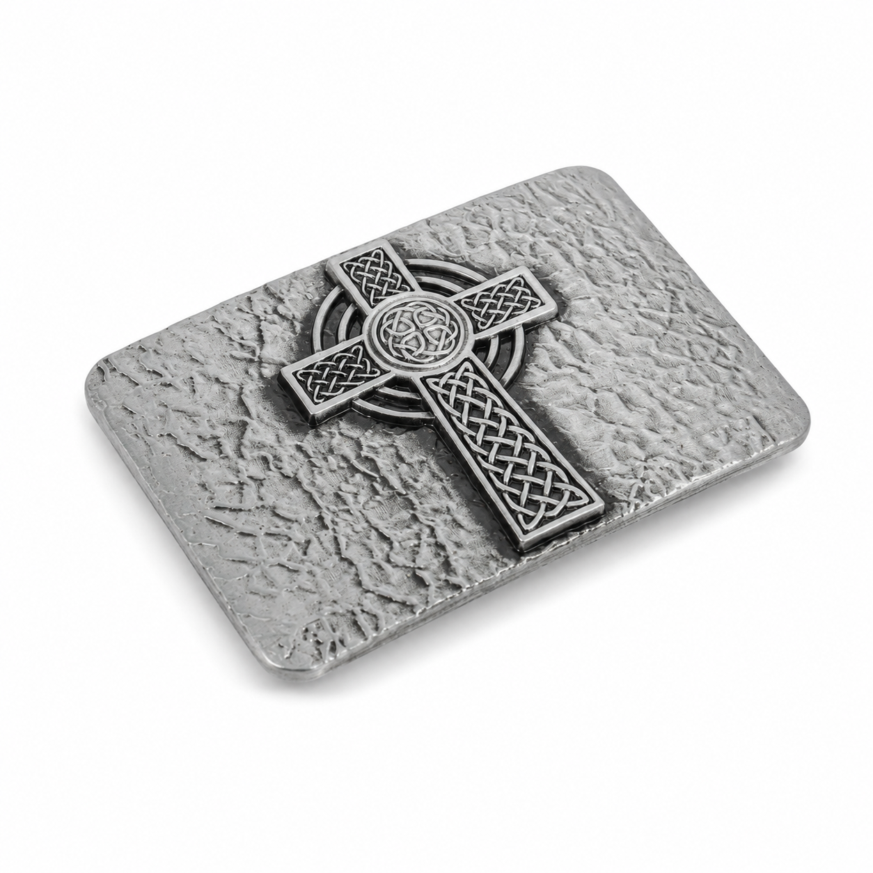 Celtic Cross belt buckle design on a textured surface