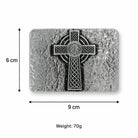 Decorative stone with Celtic cross design, showing dimensions and weight on a white background