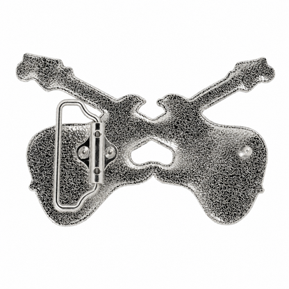 Rear of Two crossed electric guitars belt buckle, featuring a textured finish and a functional hinge on the left side, isolated on a white background.