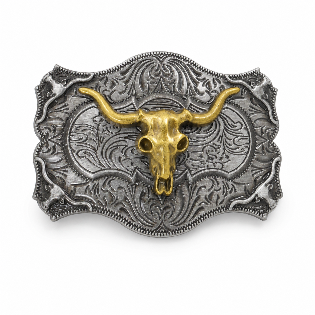 Belt buckle with gold longhorn skull design on a white background