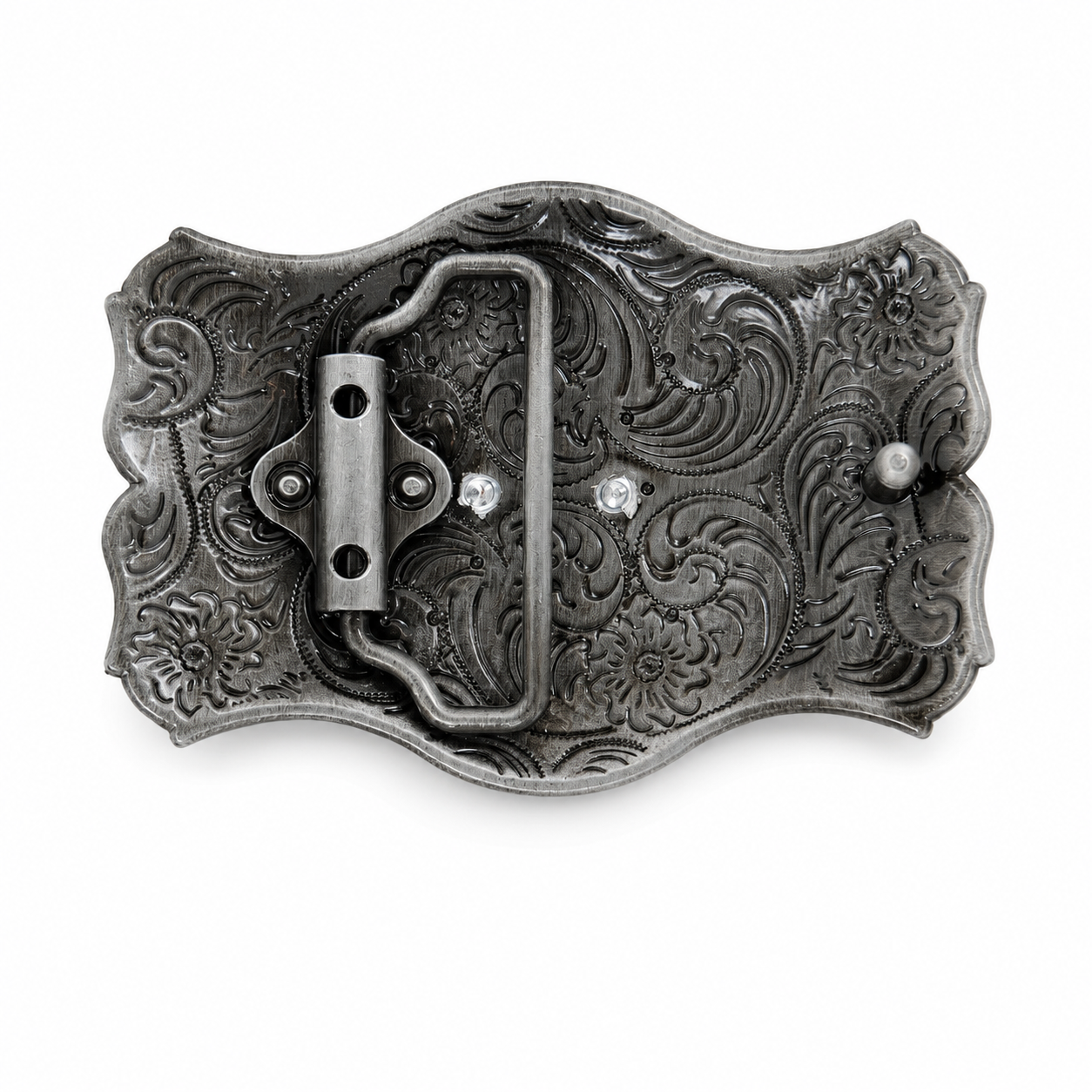 Rear of a belt buckle with intricate patterns on a white background