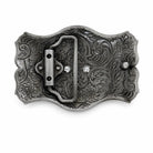 Rear of a belt buckle with intricate patterns on a white background