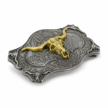Belt buckle with gold longhorn design on a white background