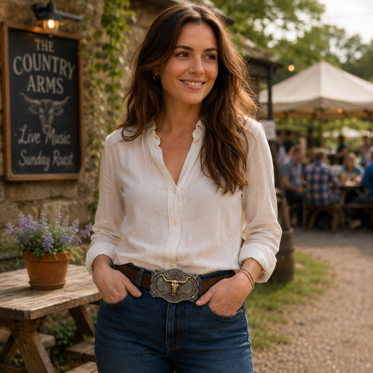 Woman in a white shirt and a western longhorn belt buckle standing outdoors with 'The Country Arms' sign in the background