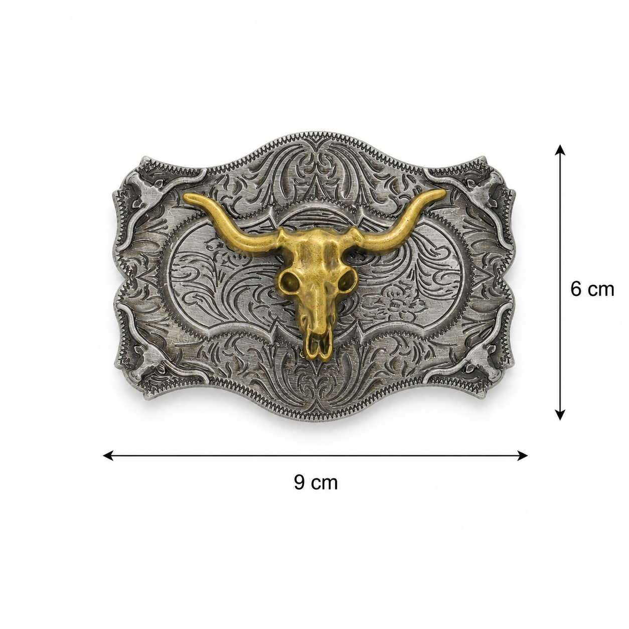 Belt buckle with a gold longhorn design and measurements on a white background