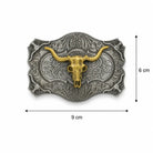 Belt buckle with a gold longhorn design and measurements on a white background
