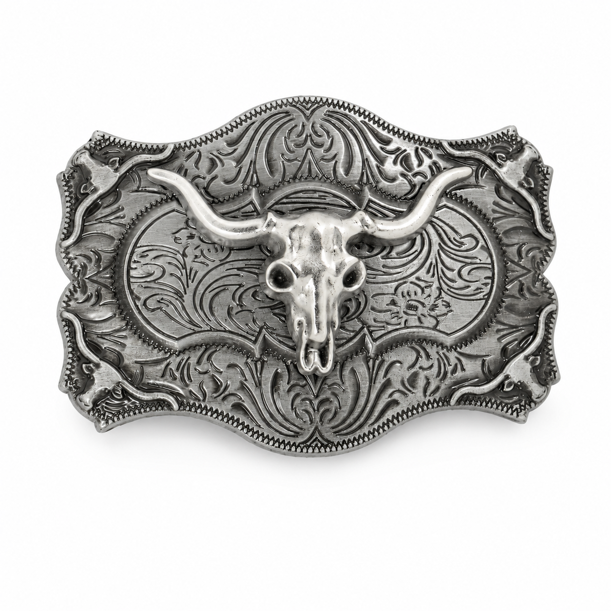 Silver belt buckle with longhorn bull design on a white background