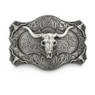 Silver belt buckle with longhorn bull design on a white background