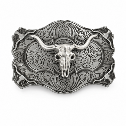 Silver belt buckle with longhorn bull design on a white background