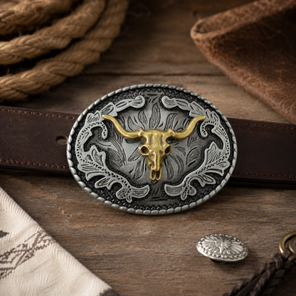 An oval western-style belt buckle with a longhorn skull motif in gold over a dark engraved silver-toned background, shown on a brown leather belt laid across a rustic wooden surface with rope and leather props.