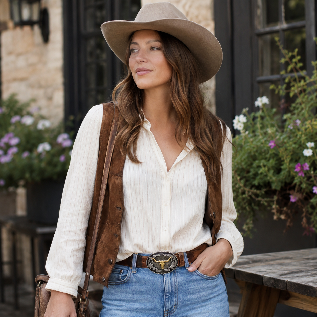 Lady wearing oval longhorn belt buckle