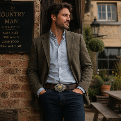 man wearing oval longhorn belt buckle