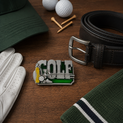 Golf Belt Buckle | Green Enamel & Yellow Golf Bag Detail - Flash My Buckle