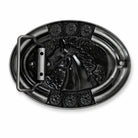 Rear of an oval black metal belt buckle featuring a raised embossed design of a horse head, with decorative floral details at the corners and a rectangular metal keeper loop on the left side, shown on a plain white background.
