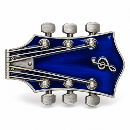 Deep blue guitar headstock belt buckle with silver tuning pegs and treble clef detail