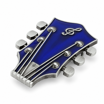 Angled view of deep blue and silver guitar headstock belt buckle