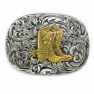 Cowboy Boot Belt Buckle | Brass Boot on Silver Scroll Engraving Flash My Buckle