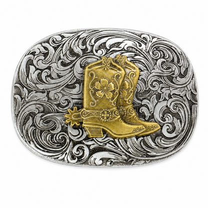 Cowboy Boot Belt Buckle | Brass Boot on Silver Scroll Engraving