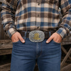 Cowboy Boot Belt Buckle | Brass Boot on Silver Scroll Engraving Flash My Buckle