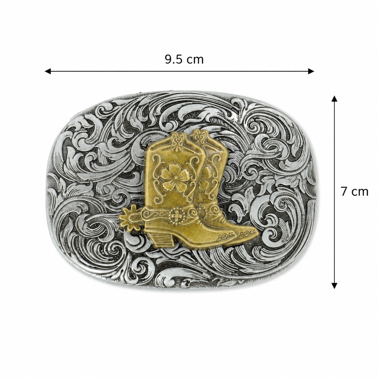 Cowboy Boot Belt Buckle | Brass Boot on Silver Scroll Engraving